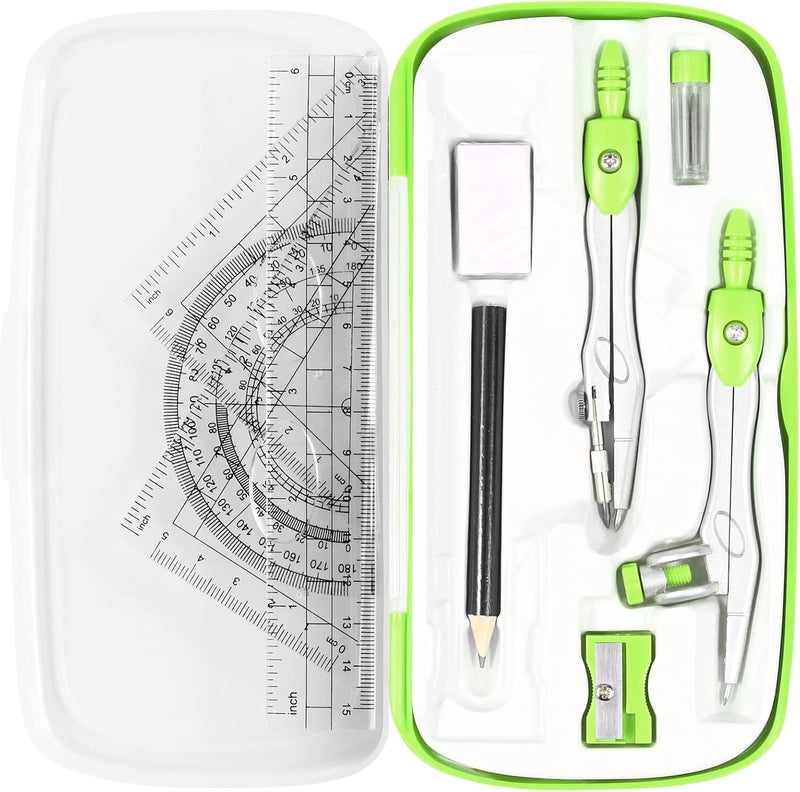 Vobou Math Geometry Kit Sets 10 Piece Student Supplies with Shatterproof Storage Box,Includes Rulers,Protractor,Compass,Eraser,Pencil Sharpener,Lead Refills,Pencil,for Drafting（Green） - Image 1